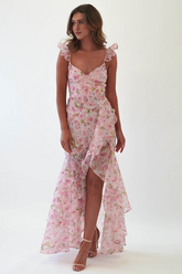 Floral Print Cami Asymmetrical Ruffled Slit Maxi Dresses-Pink